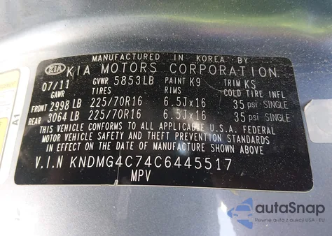 2012 Kia Sedona Lx z USA, uszkodzony, nr VIN KNDMG4C74C6445517